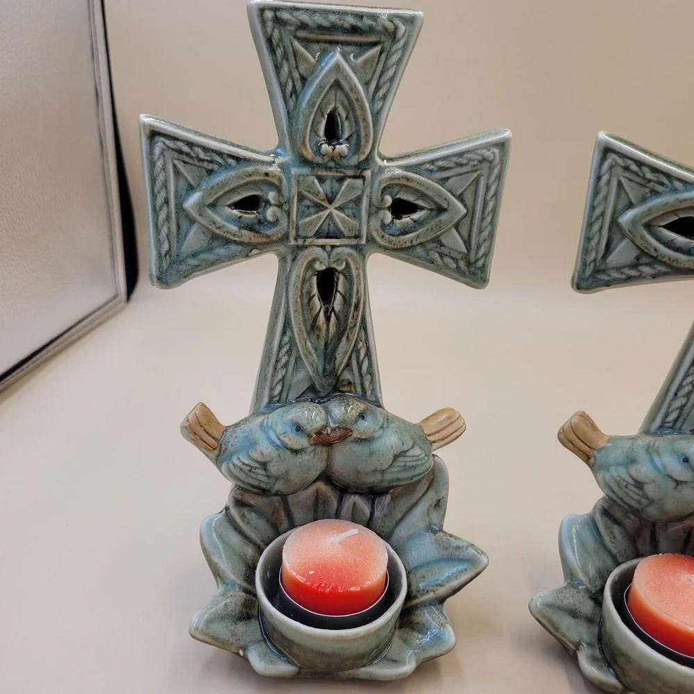 Celtic Cross Ceramic Candle Holder‎ Set of 2 Blue Green Glaze with Birds Decor